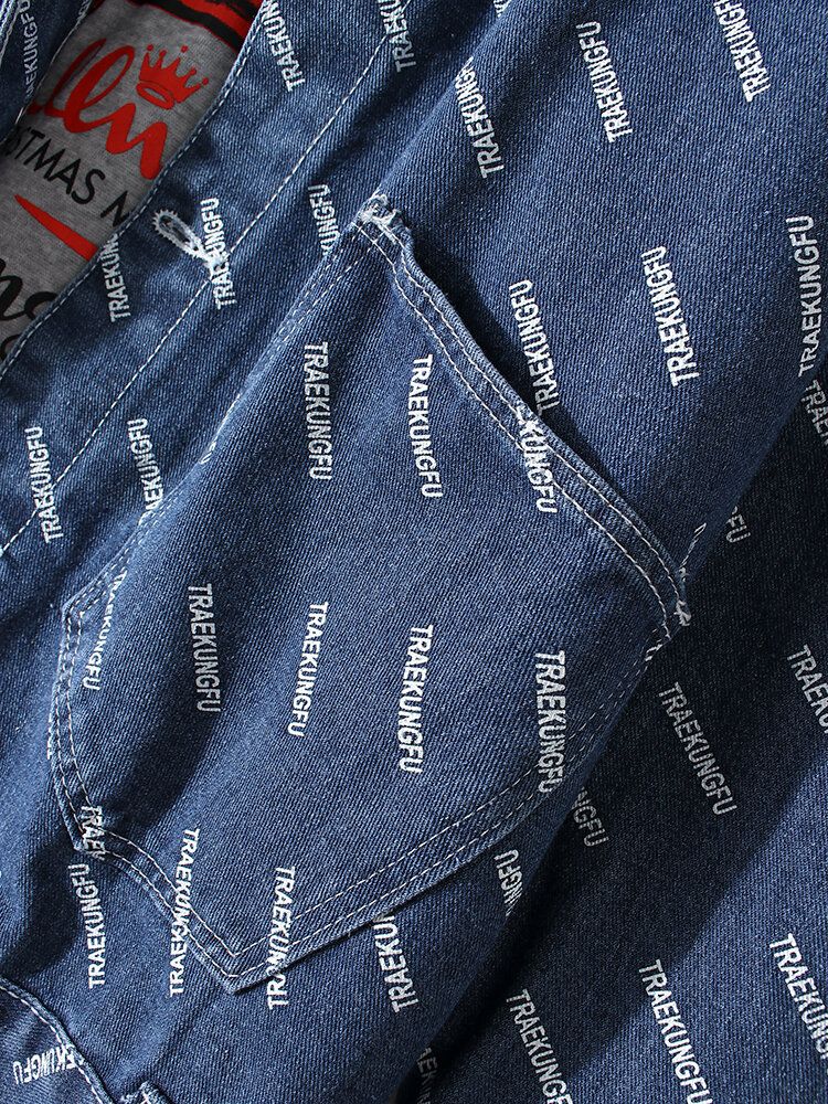 Chaqueta De Mezclilla Informal Con Botones Y Estampado De Letras Para Hombre Con Bolsillo