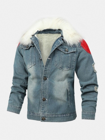 Chaqueta De Mezclilla Informal Gruesa Con Cuello Mullido De Piel Con Múltiples Bolsillos Lavados A La Piedra Con Botones Para Hombre