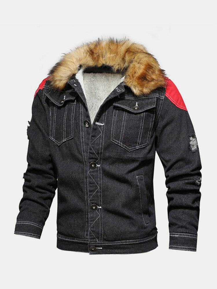 Chaqueta De Mezclilla Informal Gruesa Con Cuello Mullido De Piel Con Múltiples Bolsillos Lavados A La Piedra Con Botones Para Hombre