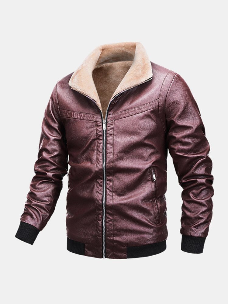 Chaqueta Motera De Cuero De Manga Larga Con Forro Polar Cálido Con Cremallera Gruesa Para Hombre