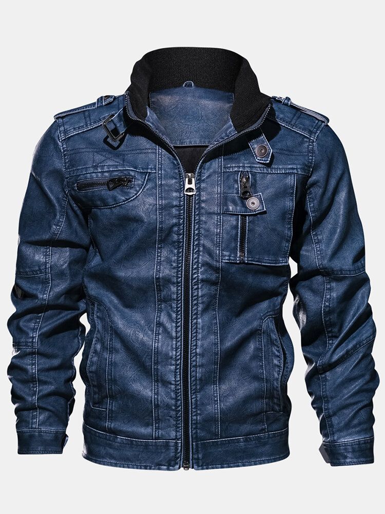 Chaqueta De Moto De Cuero Pu Con Bolsillo Con Cremallera Y Cuello Alto Para Hombre