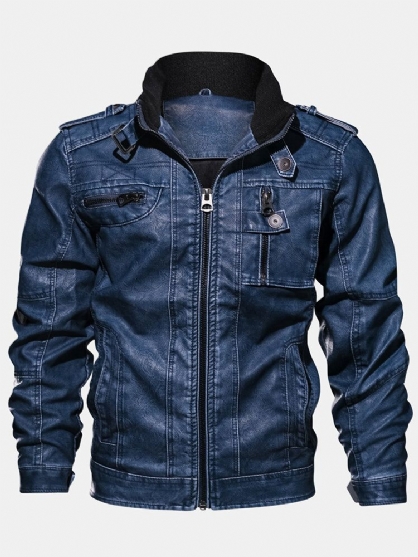 Chaqueta De Moto De Cuero Pu Con Bolsillo Con Cremallera Y Cuello Alto Para Hombre