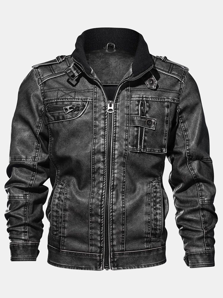 Chaqueta De Moto De Cuero Pu Con Bolsillo Con Cremallera Y Cuello Alto Para Hombre