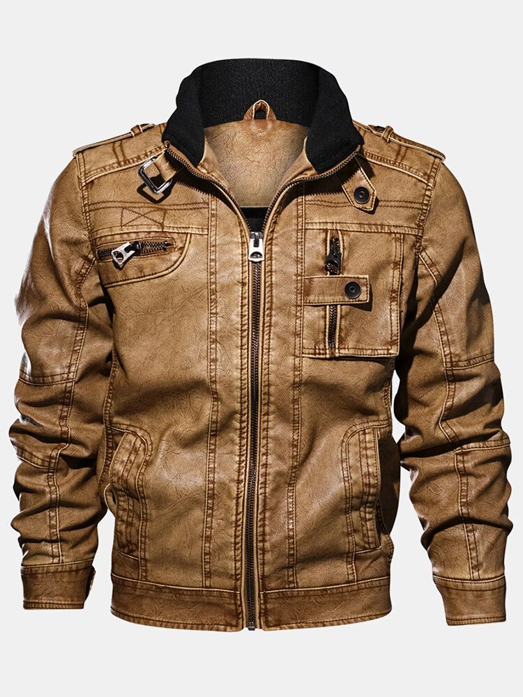 Chaqueta De Moto De Cuero Pu Con Bolsillo Con Cremallera Y Cuello Alto Para Hombre