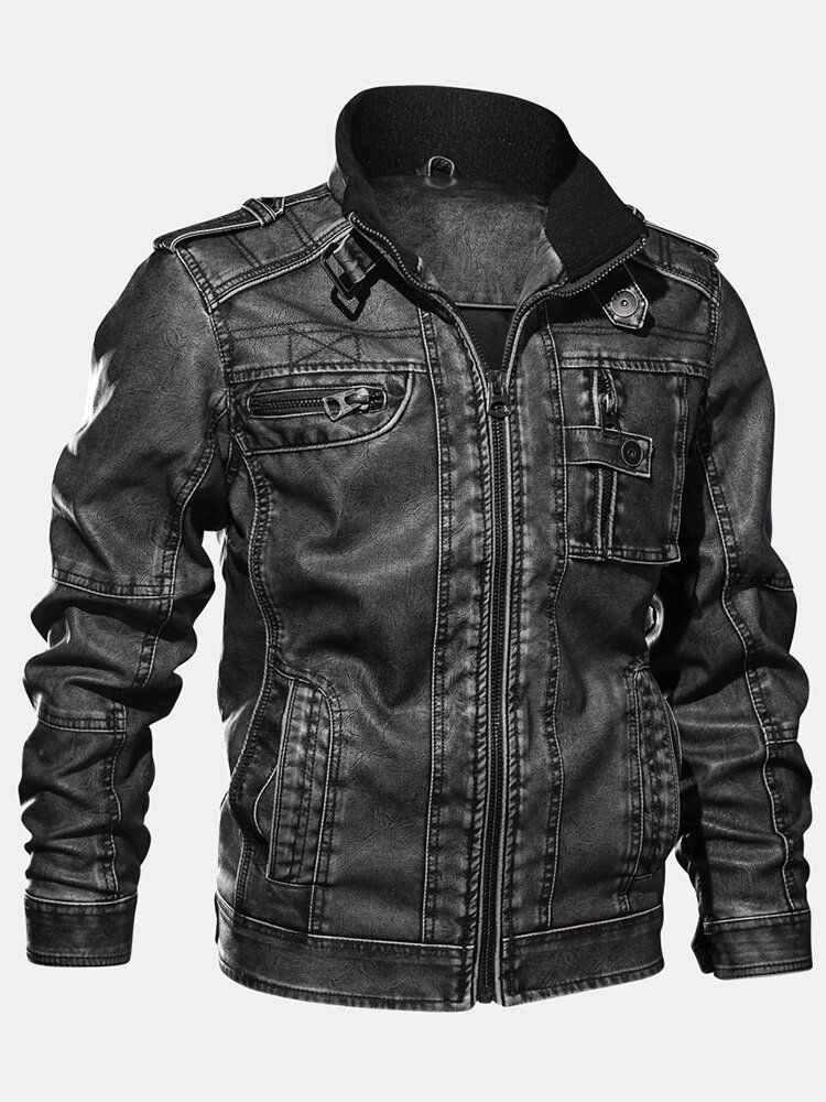 Chaqueta De Moto De Cuero Pu Con Bolsillo Con Cremallera Y Cuello Alto Para Hombre