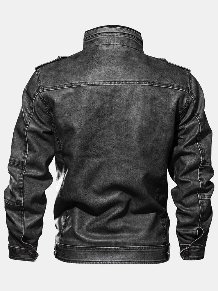 Chaqueta De Moto De Cuero Pu Con Bolsillo Con Cremallera Y Cuello Alto Para Hombre