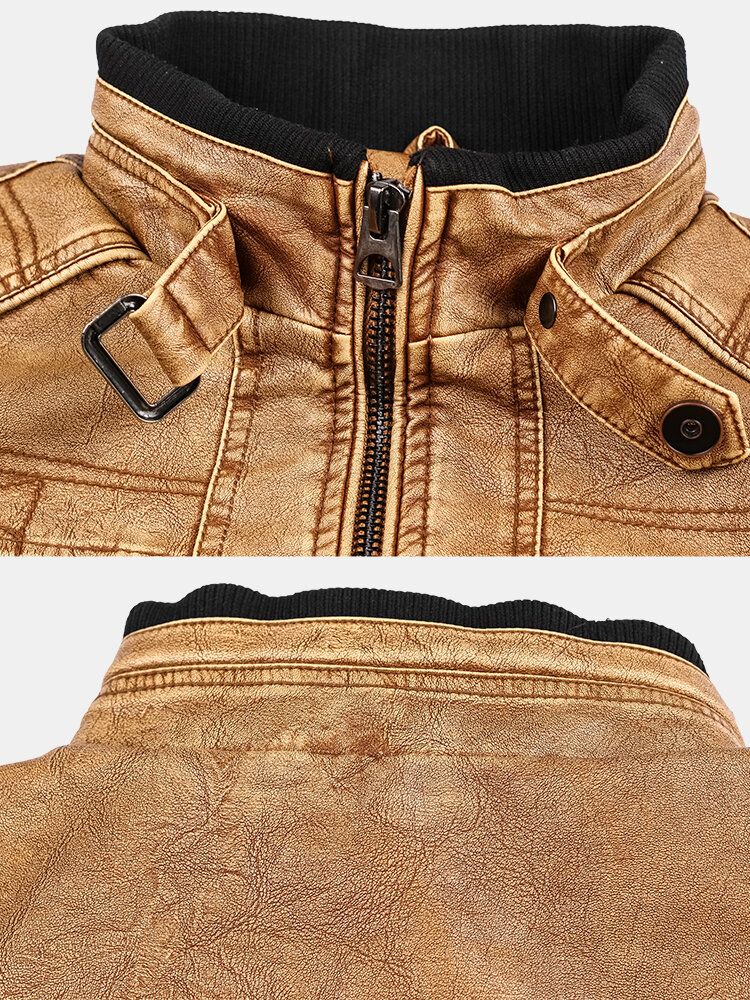 Chaqueta De Moto De Cuero Pu Con Bolsillo Con Cremallera Y Cuello Alto Para Hombre