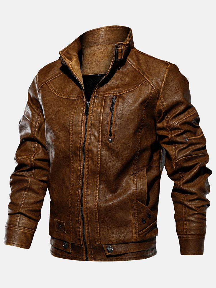 Chaqueta De Motocicleta De Cuero Pu Con Cuello Alto Y Cremallera Para Hombre