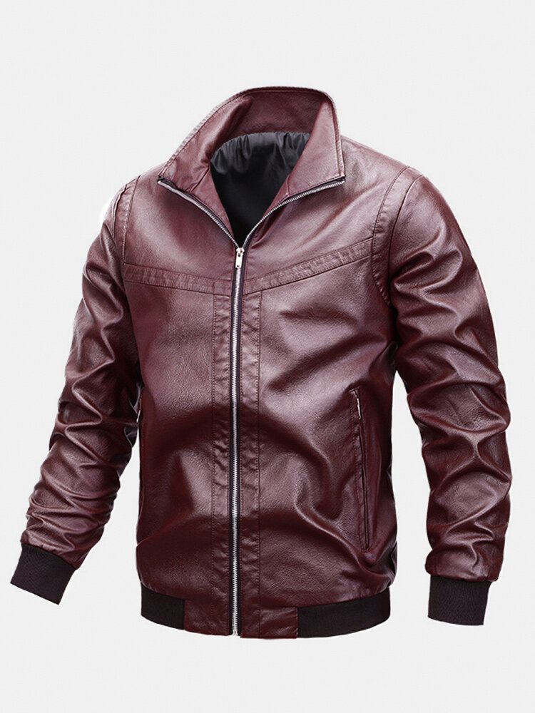 Chaqueta De Motociclista De Cuero Pu De Ajuste Relajado Informal Con Cuello Alto Y Cremallera Básica Para Hombre