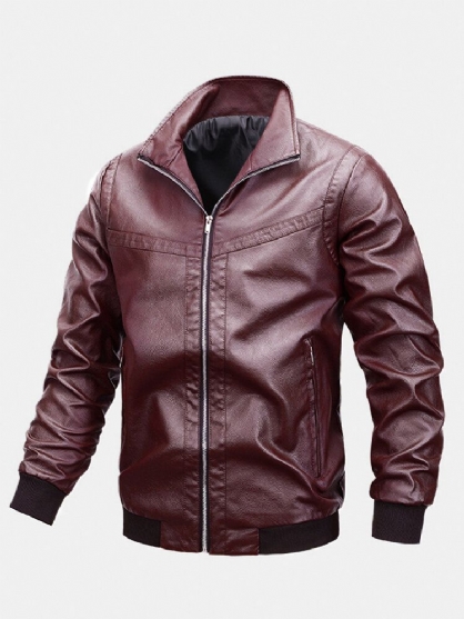 Chaqueta De Motociclista De Cuero Pu De Ajuste Relajado Informal Con Cuello Alto Y Cremallera Básica Para Hombre