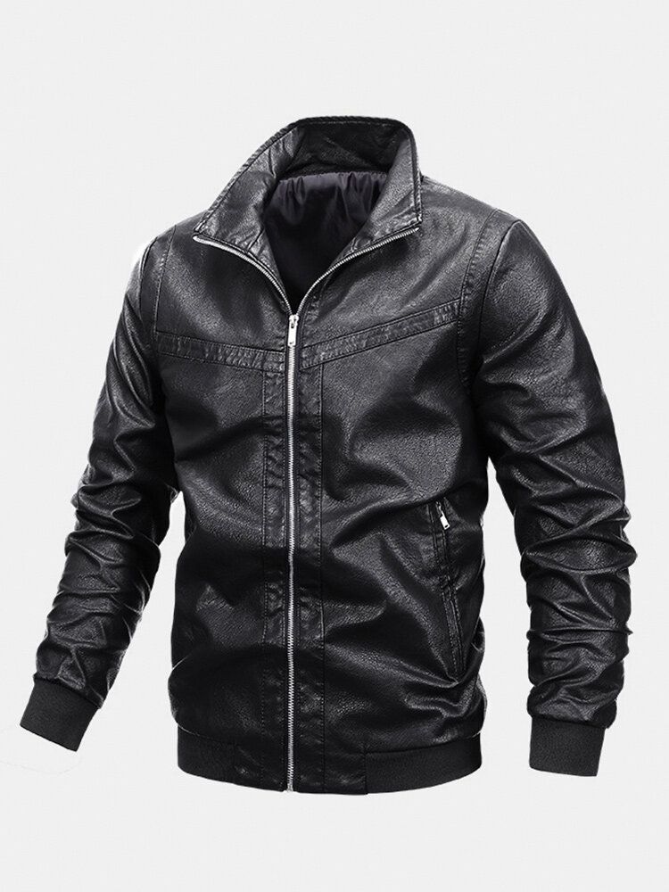 Chaqueta De Motociclista De Cuero Pu De Ajuste Relajado Informal Con Cuello Alto Y Cremallera Básica Para Hombre