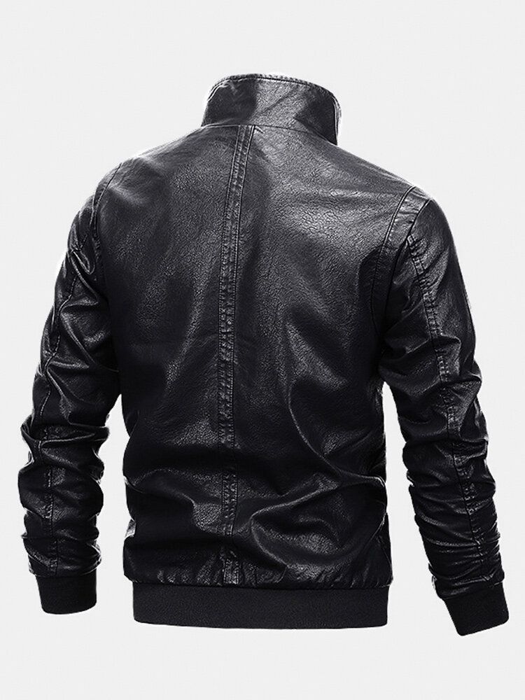 Chaqueta De Motociclista De Cuero Pu De Ajuste Relajado Informal Con Cuello Alto Y Cremallera Básica Para Hombre