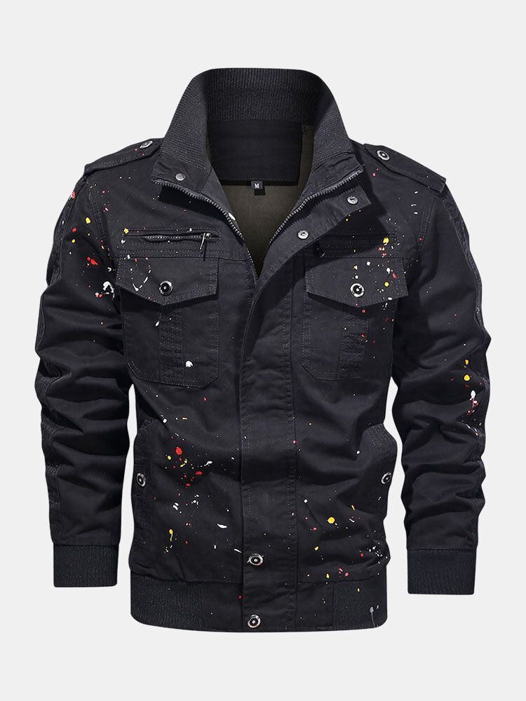 Chaqueta Multibolsillos De Algodón Con Estampado De Pintura Para Hombre