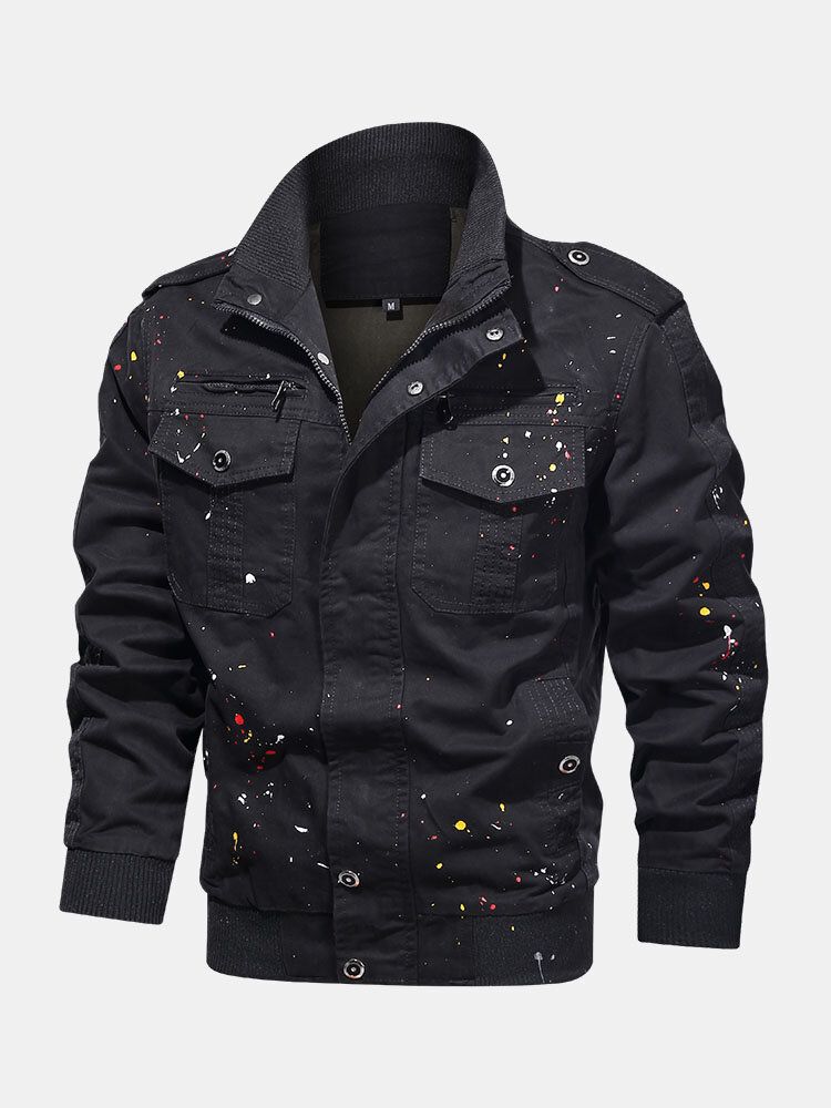 Chaqueta Multibolsillos De Algodón Con Estampado De Pintura Para Hombre