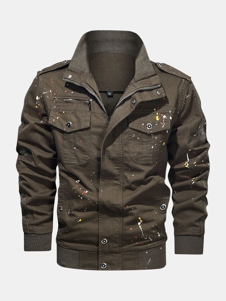 Chaqueta Multibolsillos De Algodón Con Estampado De Pintura Para Hombre