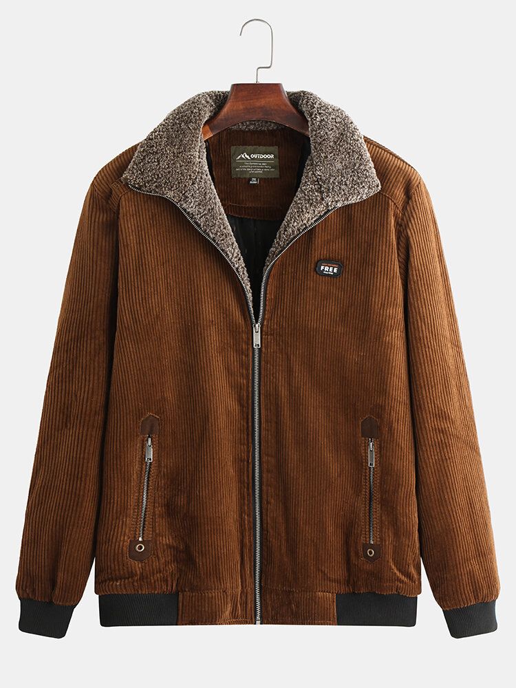 Chaqueta De Pana De Invierno Para Hombre 100% Algodón Y Terciopelo Cálido Con Cremallera Informal Sólida