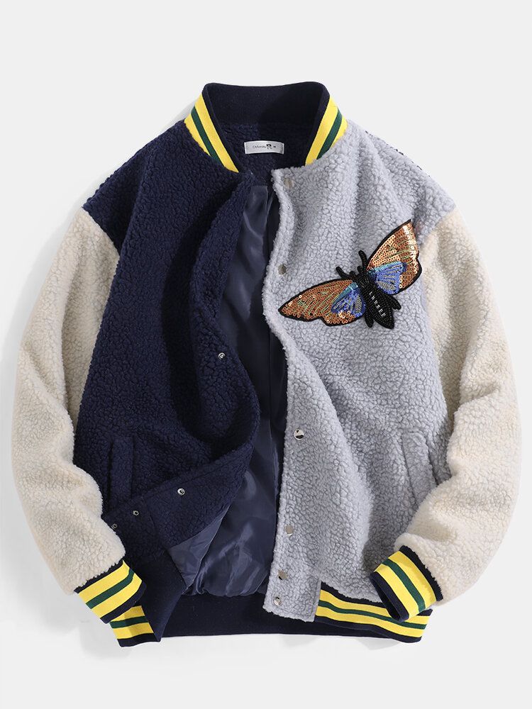 Chaqueta De Peluche Con Cuello De Béisbol Y Apliques De Lentejuelas De Mariposa Para Hombre