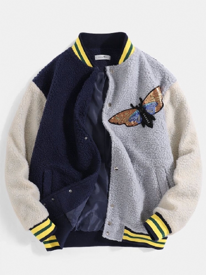 Chaqueta De Peluche Con Cuello De Béisbol Y Apliques De Lentejuelas De Mariposa Para Hombre