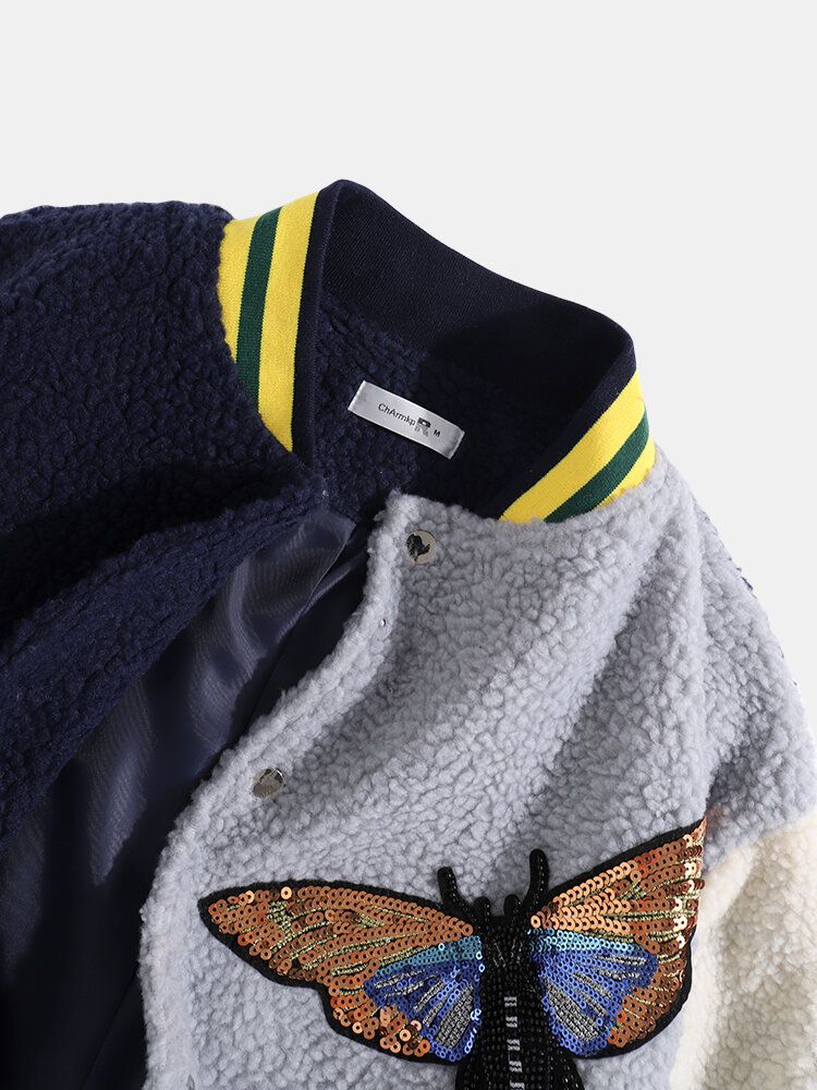 Chaqueta De Peluche Con Cuello De Béisbol Y Apliques De Lentejuelas De Mariposa Para Hombre