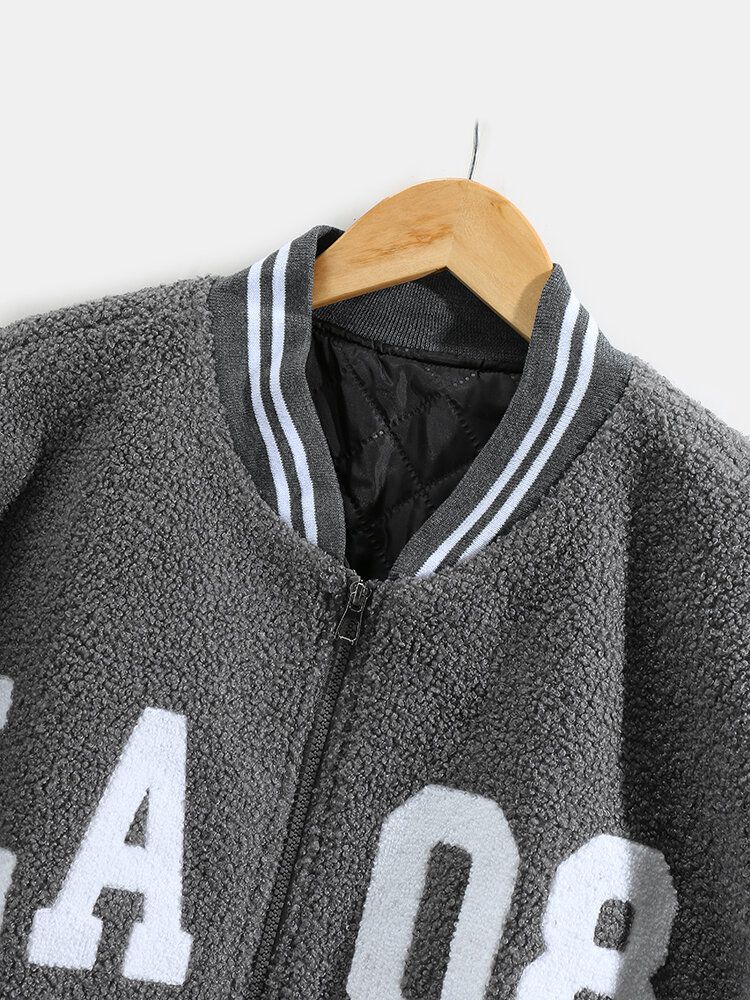 Chaqueta De Peluche Con Hombros Caídos Y Cuello De Béisbol Con Cremallera Y Estampado De Letras Para Hombre Con Bolsillo