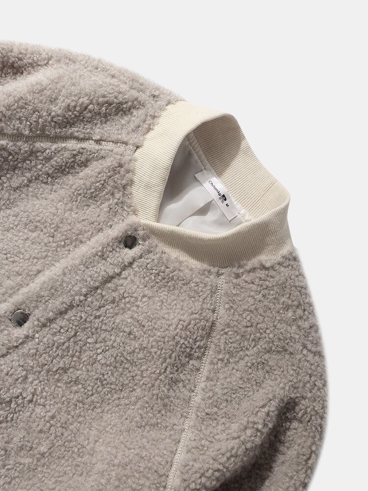 Chaqueta De Peluche Informal Con Botones A Presión Y Cuello De Béisbol Para Hombre Con Bolsillo