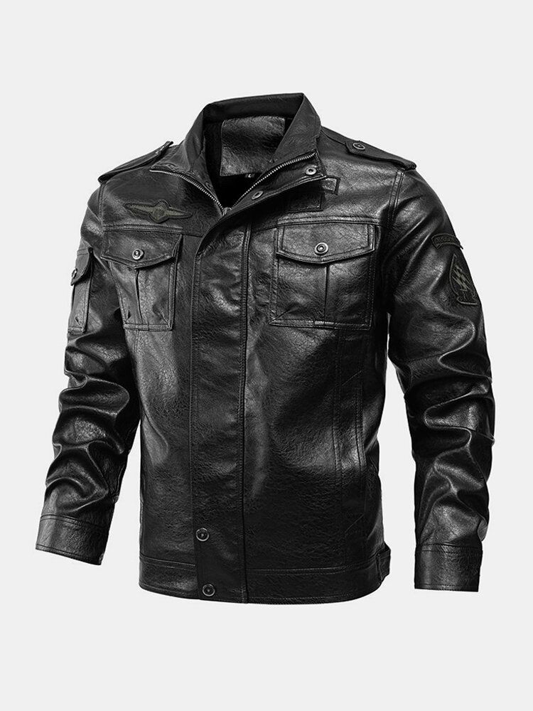 Chaqueta De Pu Con Cremallera Con Gráficos Bordados Delanteros Con Múltiples Bolsillos Para Hombre