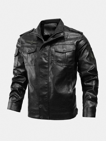 Chaqueta De Pu Con Cremallera Con Gráficos Bordados Delanteros Con Múltiples Bolsillos Para Hombre