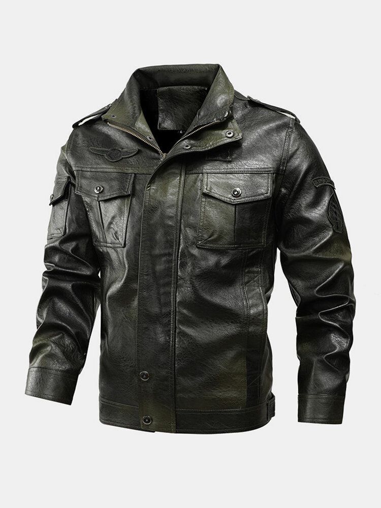 Chaqueta De Pu Con Cremallera Con Gráficos Bordados Delanteros Con Múltiples Bolsillos Para Hombre