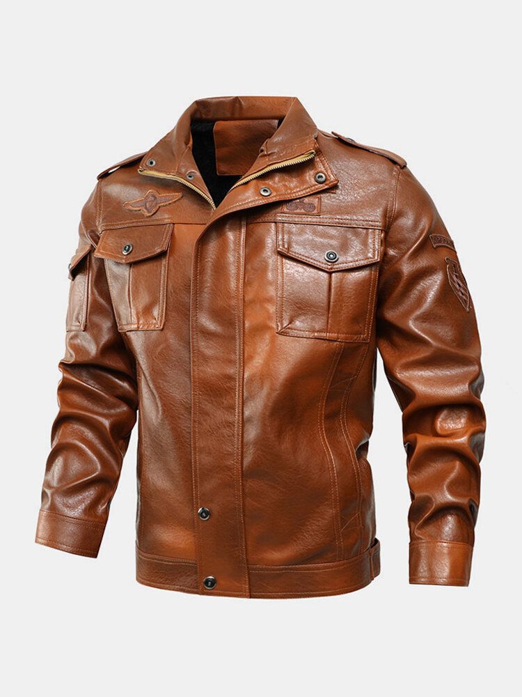 Chaqueta De Pu Con Cremallera Con Gráficos Bordados Delanteros Con Múltiples Bolsillos Para Hombre