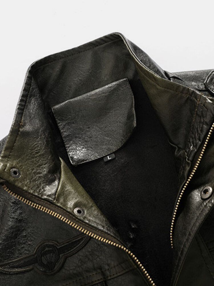 Chaqueta De Pu Con Cremallera Con Gráficos Bordados Delanteros Con Múltiples Bolsillos Para Hombre