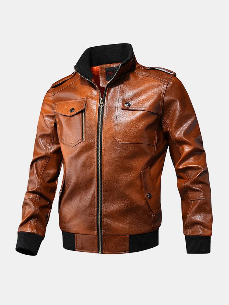 Chaqueta De Pu Informal De Manga Larga Con Cuello Alto Y Múltiples Bolsillos Con Cremallera Para Hombre