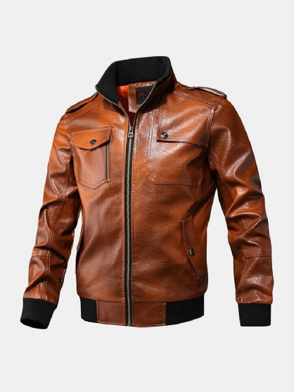 Chaqueta De Pu Informal De Manga Larga Con Cuello Alto Y Múltiples Bolsillos Con Cremallera Para Hombre