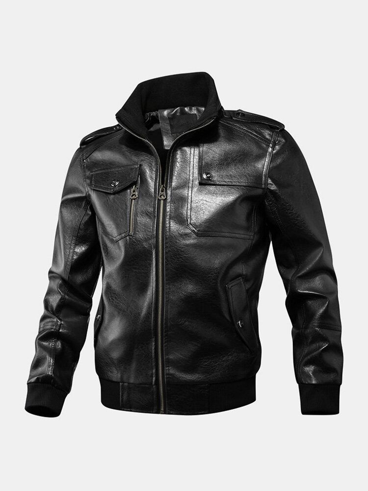 Chaqueta De Pu Informal De Manga Larga Con Cuello Alto Y Múltiples Bolsillos Con Cremallera Para Hombre