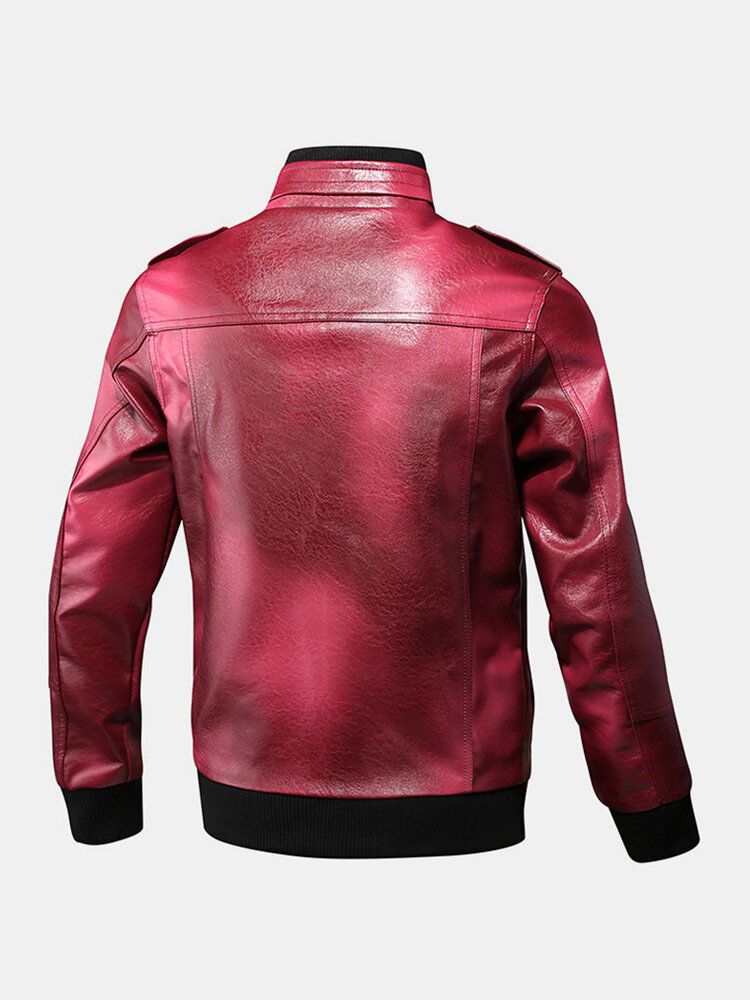 Chaqueta De Pu Informal De Manga Larga Con Cuello Alto Y Múltiples Bolsillos Con Cremallera Para Hombre