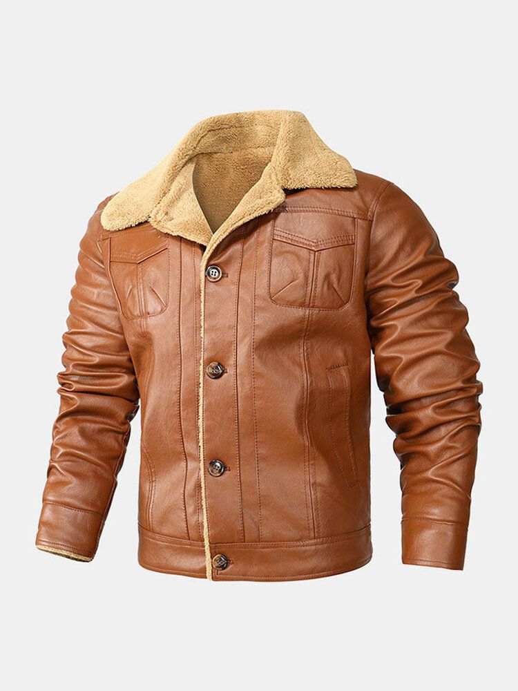 Chaqueta De Pu De Manga Larga Cálida Y Acogedora Con Múltiples Bolsillos Para Hombre