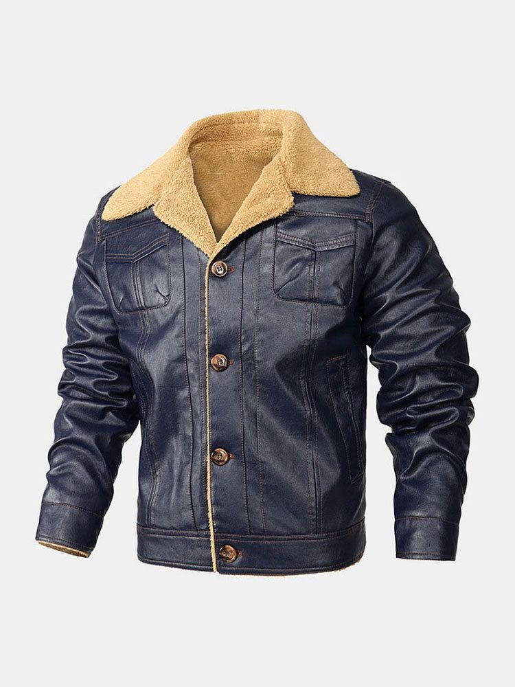 Chaqueta De Pu De Manga Larga Cálida Y Acogedora Con Múltiples Bolsillos Para Hombre