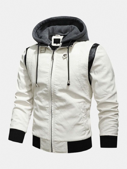 Chaqueta De Pu De Manga Larga Con Bolsillo Lateral Con Cremallera Y Cordón De Color Sólido Para Hombre