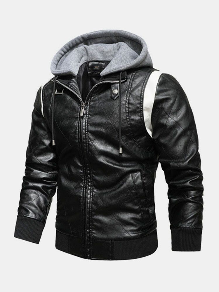 Chaqueta De Pu De Manga Larga Con Bolsillo Lateral Con Cremallera Y Cordón De Color Sólido Para Hombre