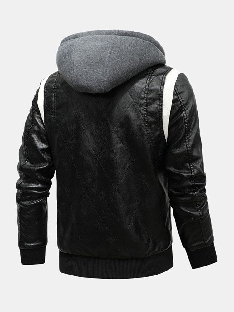 Chaqueta De Pu De Manga Larga Con Bolsillo Lateral Con Cremallera Y Cordón De Color Sólido Para Hombre