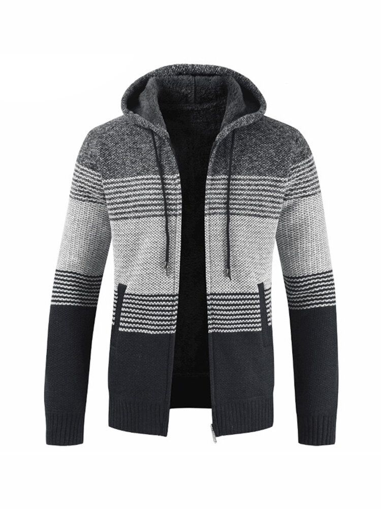 Chaqueta De Punto Térmica Informal De Terciopelo Grueso Para Hombre Chaqueta A Juego De Color Con Capucha