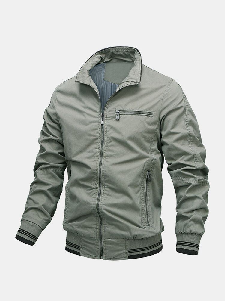 Chaqueta Simple De Manga Larga Con Cremallera Con Múltiples Bolsillos Y Cuello Alto De Algodón Para Hombre