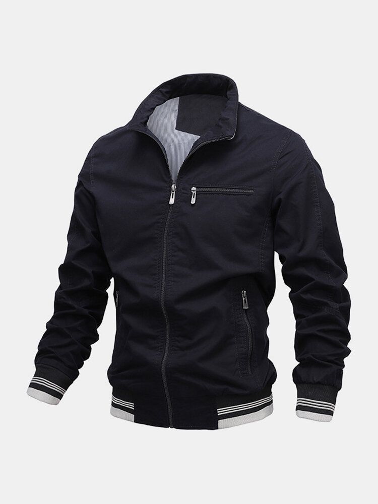 Chaqueta Simple De Manga Larga Con Cremallera Con Múltiples Bolsillos Y Cuello Alto De Algodón Para Hombre