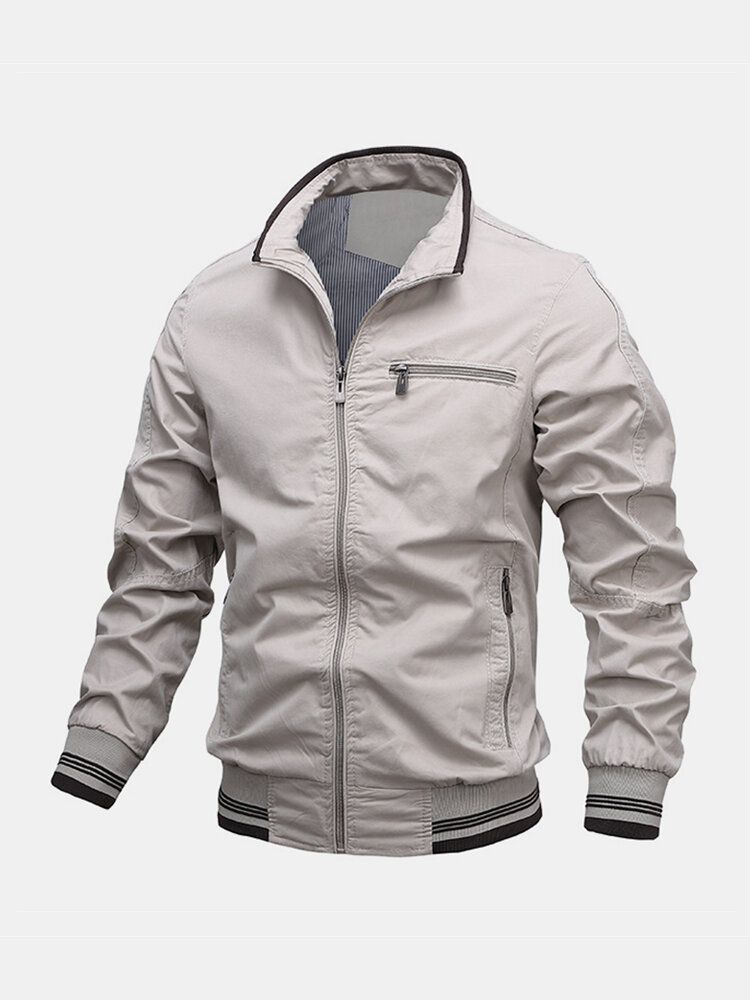 Chaqueta Simple De Manga Larga Con Cremallera Con Múltiples Bolsillos Y Cuello Alto De Algodón Para Hombre