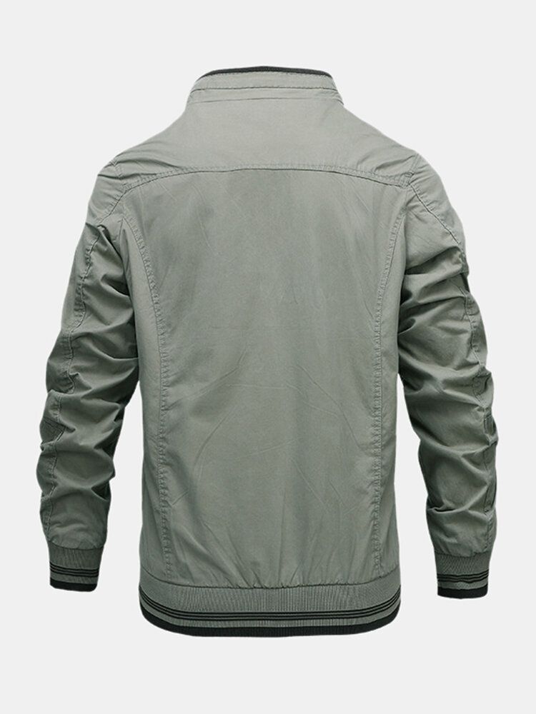 Chaqueta Simple De Manga Larga Con Cremallera Con Múltiples Bolsillos Y Cuello Alto De Algodón Para Hombre