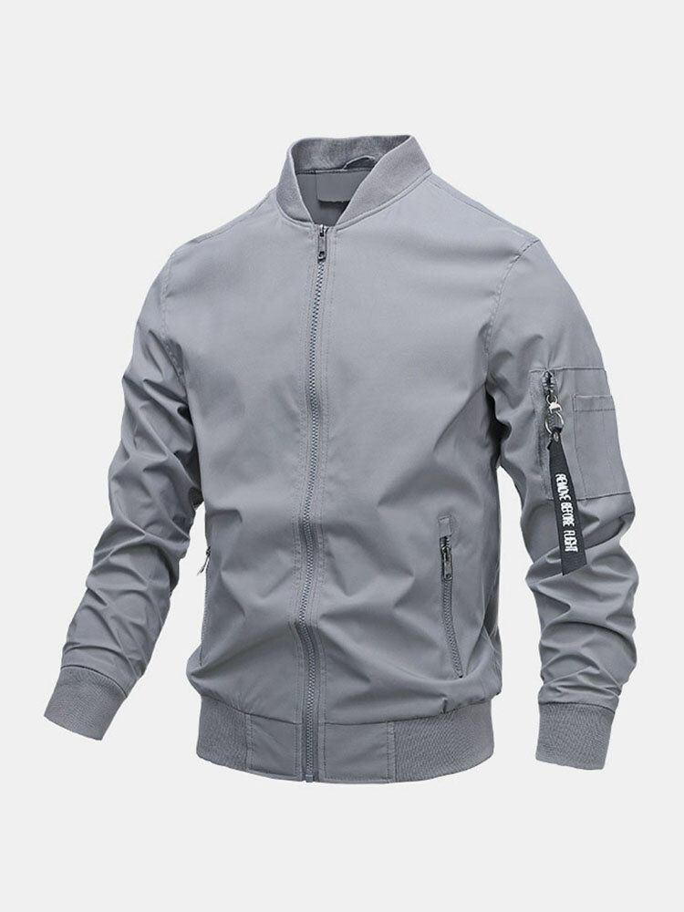 Chaqueta Simple De Manga Larga Con Cuello De Béisbol Con Múltiples Bolsillos Delanteros Con Cremallera Para Hombre