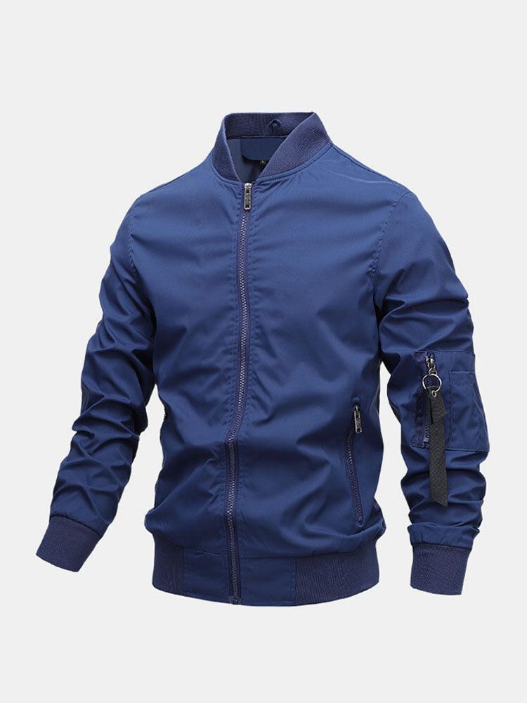 Chaqueta Simple De Manga Larga Con Cuello De Béisbol Con Múltiples Bolsillos Delanteros Con Cremallera Para Hombre