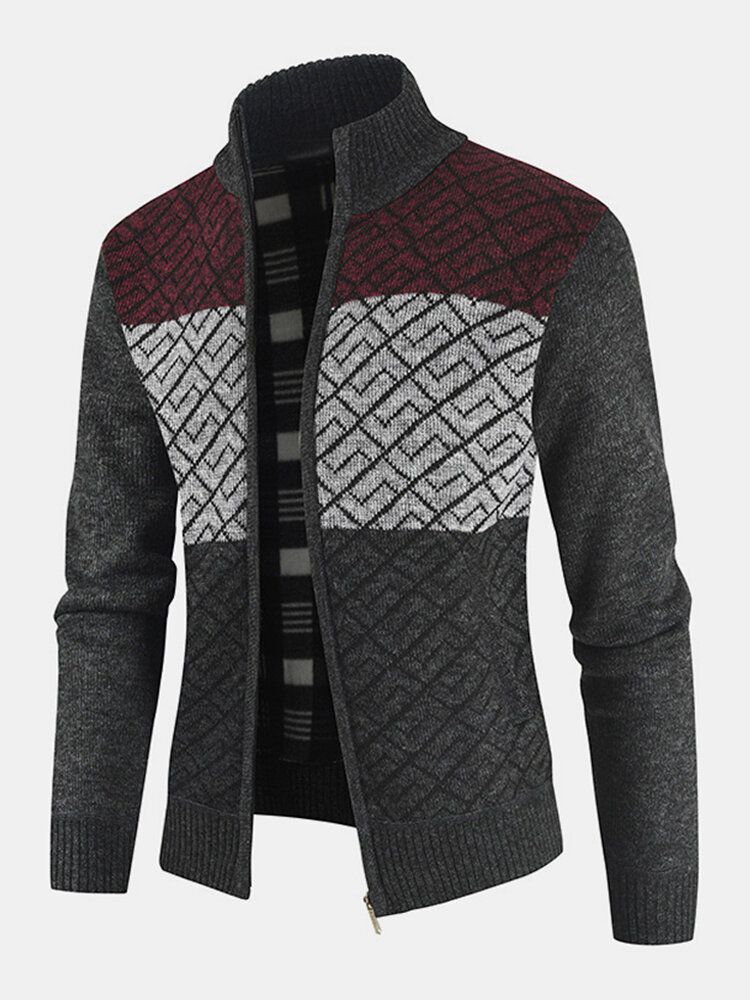 Chaqueta De Suéter De Manga Larga Cálida Con Bloques De Color Con Cremallera Para Hombre