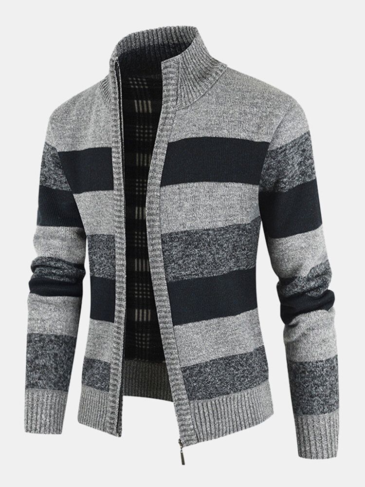 Chaqueta De Suéter De Manga Larga Cálida Con Cremallera De Punto Con Gráficos A Rayas Para Hombre