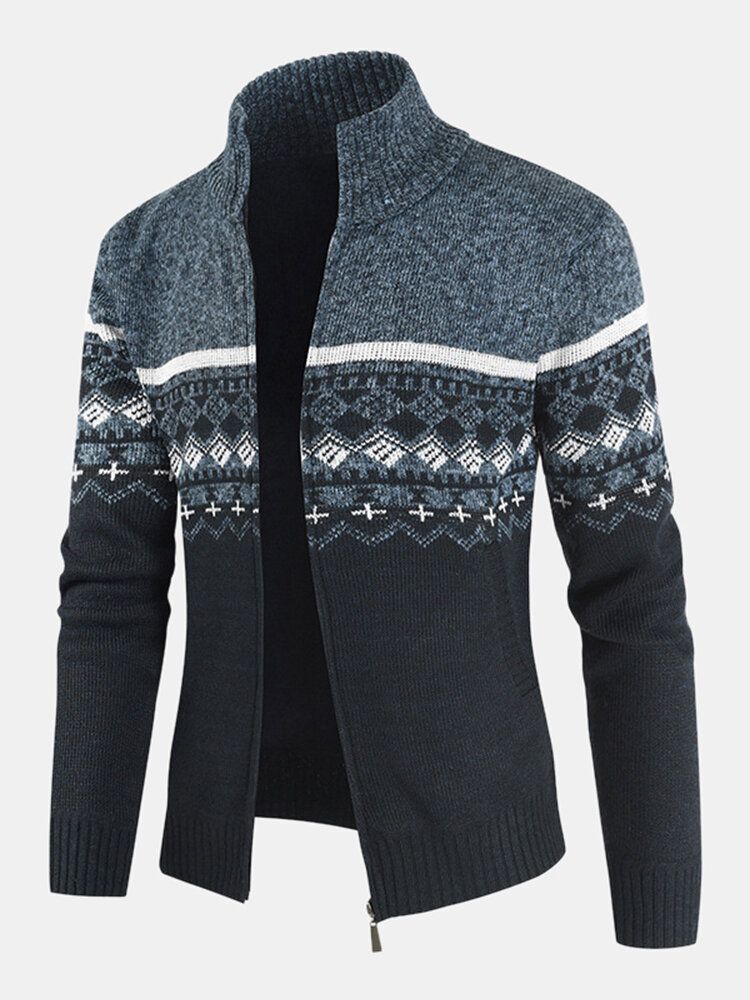 Chaqueta De Suéter De Manga Larga Con Cuello Alto Y Patrón Tribal Vintage Para Hombre Que Hace Punto