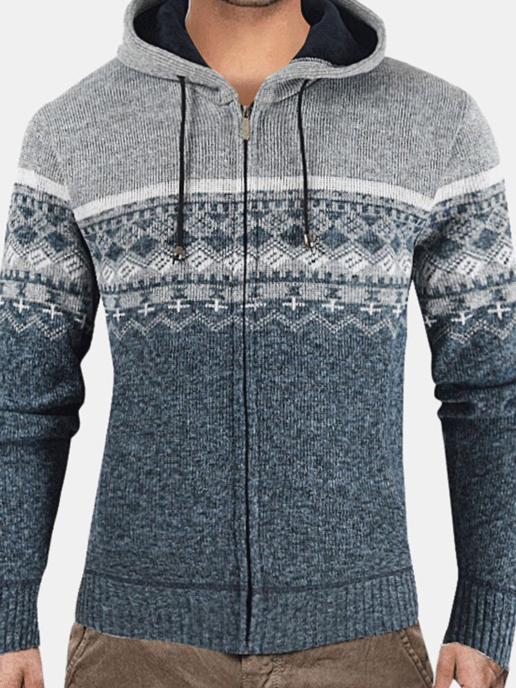 Chaqueta De Suéter De Punto Con Forro Polar Cálido De Manga Larga Con Capucha Y Patrón Tribal Para Hombre